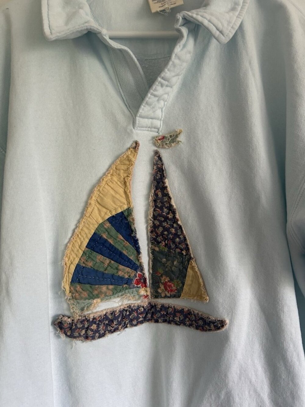Sail boat Quilt Patchwork , Upcycled Vintage Sweatshirt, Light Blue Size L - Picture 2 of 4